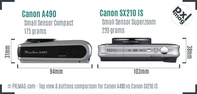 Canon A490 vs Canon SX210 IS top view buttons comparison