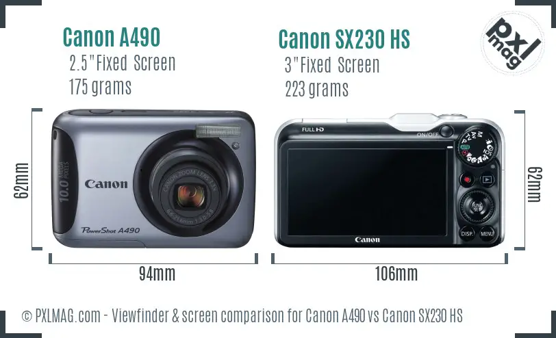 Canon A490 vs Canon SX230 HS Screen and Viewfinder comparison