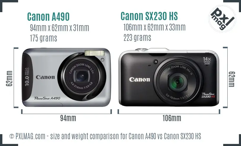 Canon A490 vs Canon SX230 HS size comparison