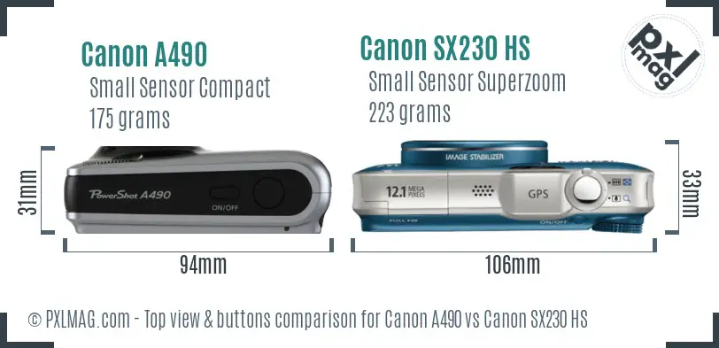 Canon A490 vs Canon SX230 HS top view buttons comparison