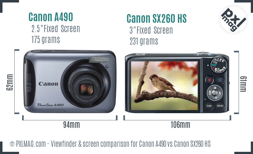Canon A490 vs Canon SX260 HS Screen and Viewfinder comparison