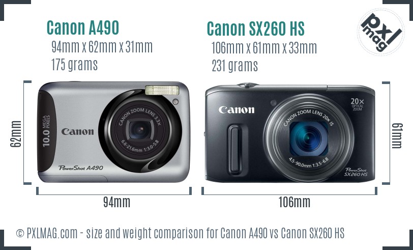 Canon A490 vs Canon SX260 HS size comparison