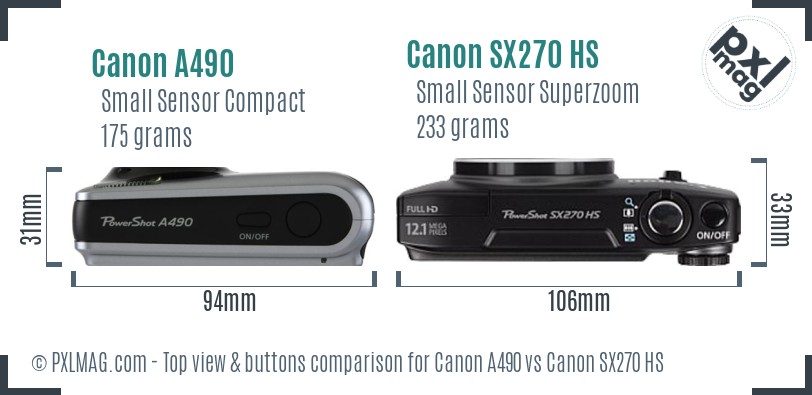 Canon A490 vs Canon SX270 HS top view buttons comparison
