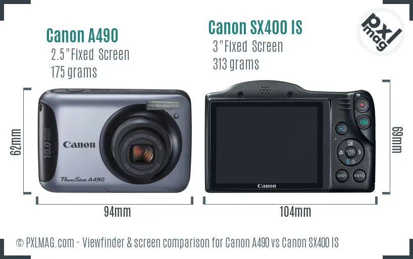 Canon A490 vs Canon SX400 IS Screen and Viewfinder comparison