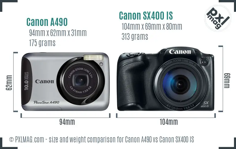 Canon A490 vs Canon SX400 IS size comparison