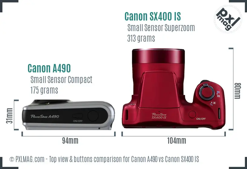 Canon A490 vs Canon SX400 IS top view buttons comparison