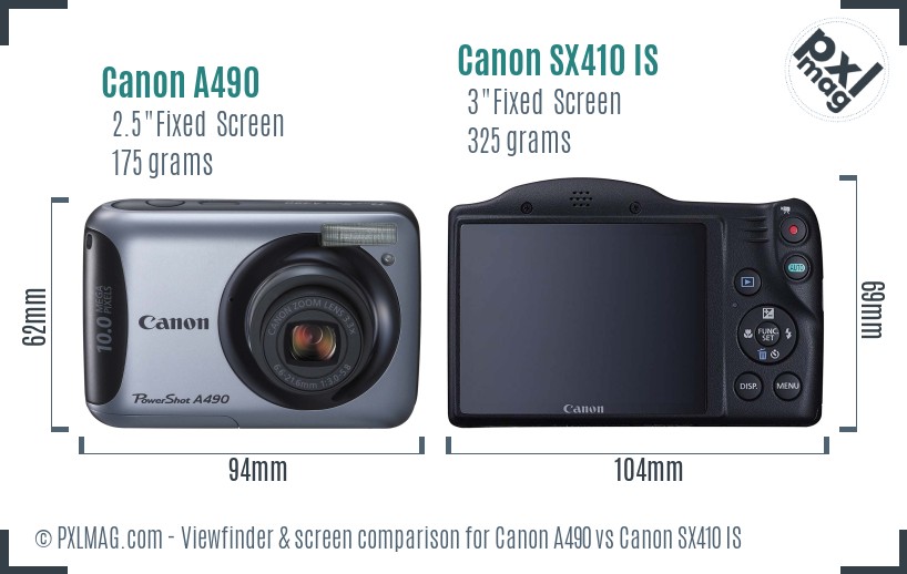Canon A490 vs Canon SX410 IS Screen and Viewfinder comparison