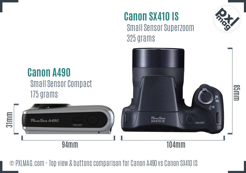 Canon A490 vs Canon SX410 IS top view buttons comparison