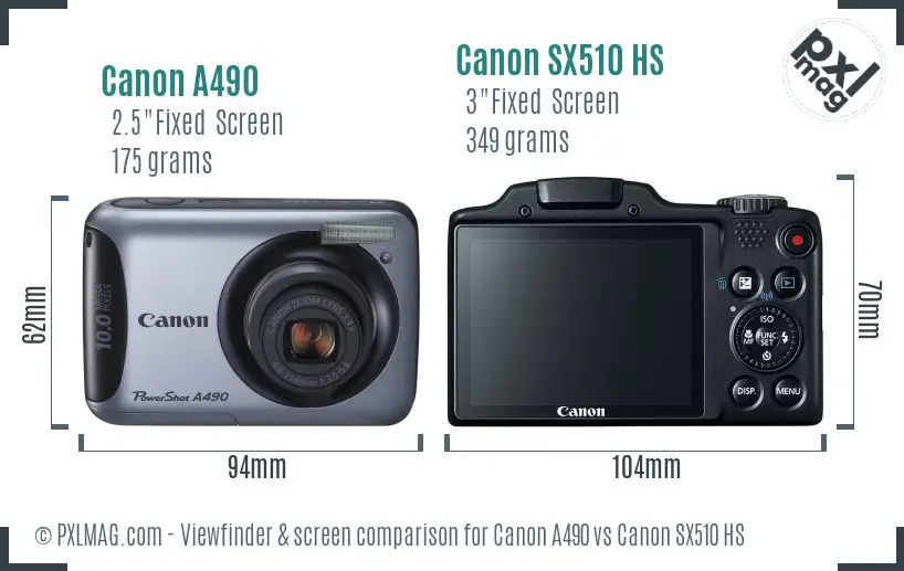 Canon A490 vs Canon SX510 HS Screen and Viewfinder comparison