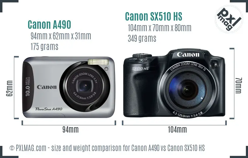 Canon A490 vs Canon SX510 HS size comparison