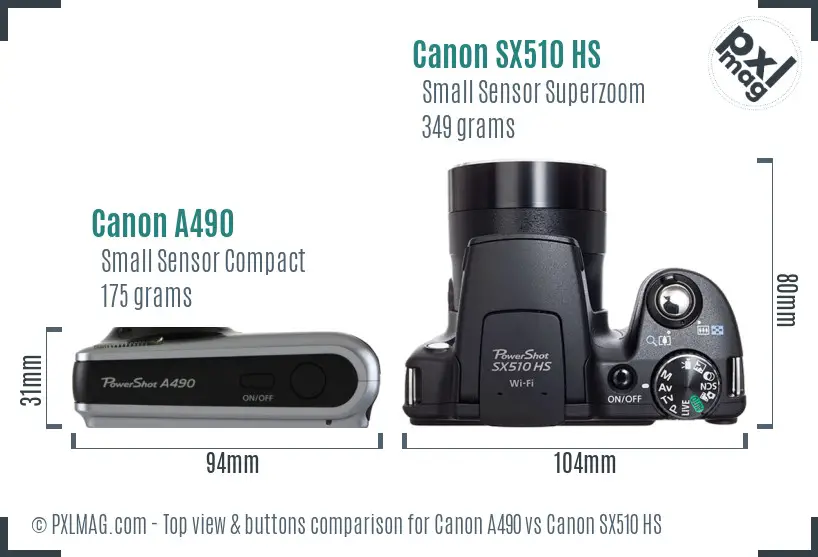 Canon A490 vs Canon SX510 HS top view buttons comparison