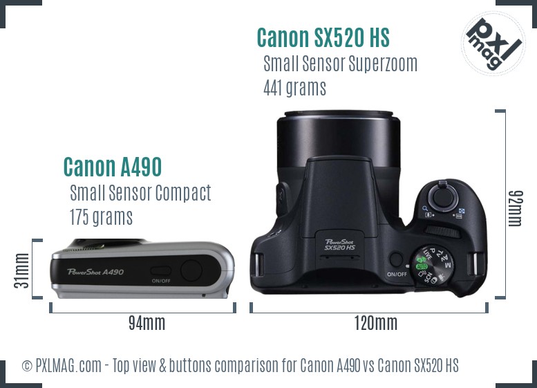 Canon A490 vs Canon SX520 HS top view buttons comparison