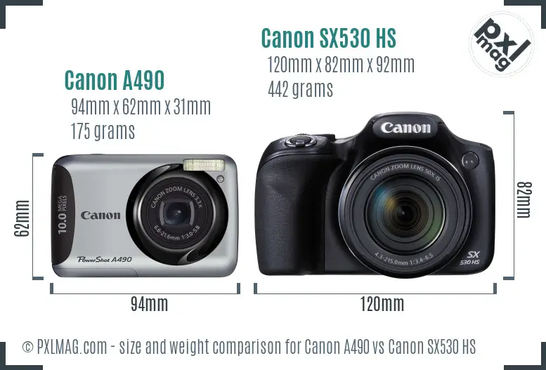 Canon A490 vs Canon SX530 HS size comparison
