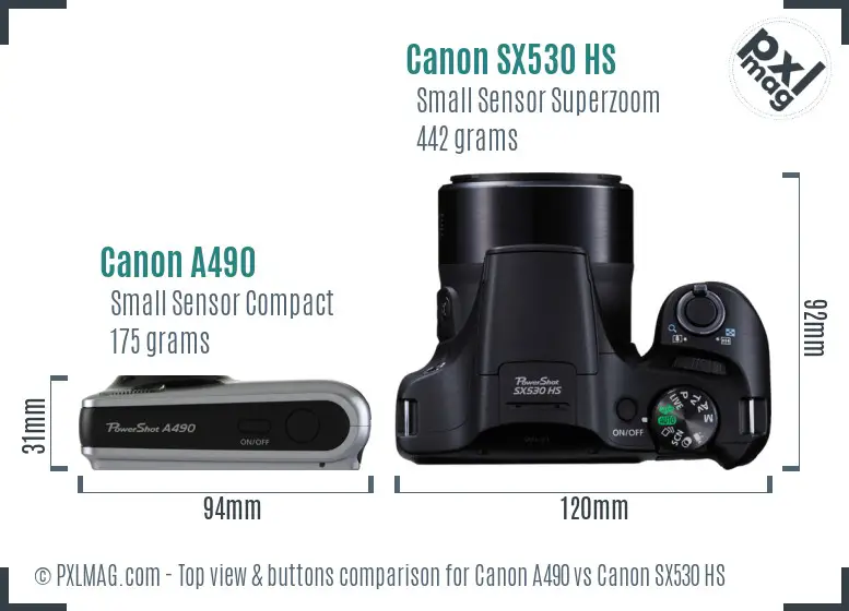 Canon A490 vs Canon SX530 HS top view buttons comparison