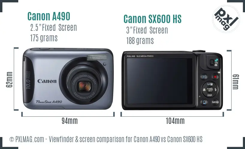 Canon A490 vs Canon SX600 HS Screen and Viewfinder comparison