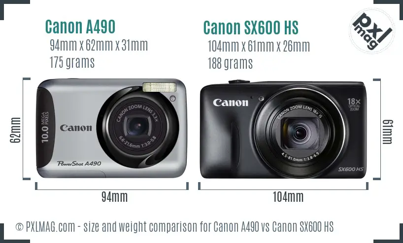 Canon A490 vs Canon SX600 HS size comparison