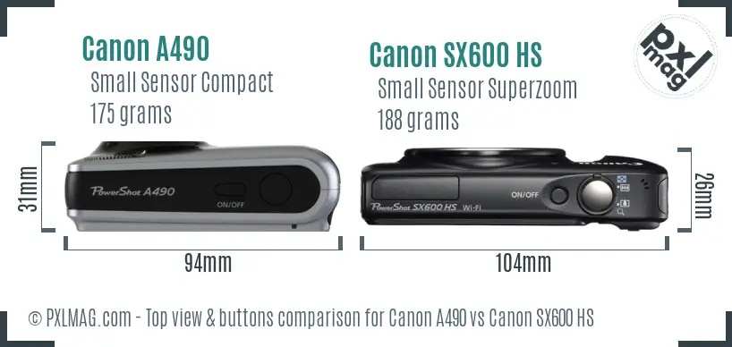 Canon A490 vs Canon SX600 HS top view buttons comparison