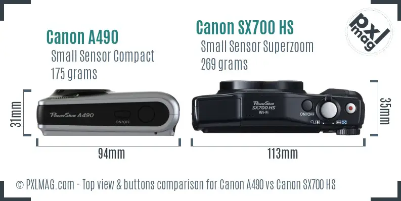 Canon A490 vs Canon SX700 HS top view buttons comparison Canon A490 vs Canon SX700 HS top view buttons comparison