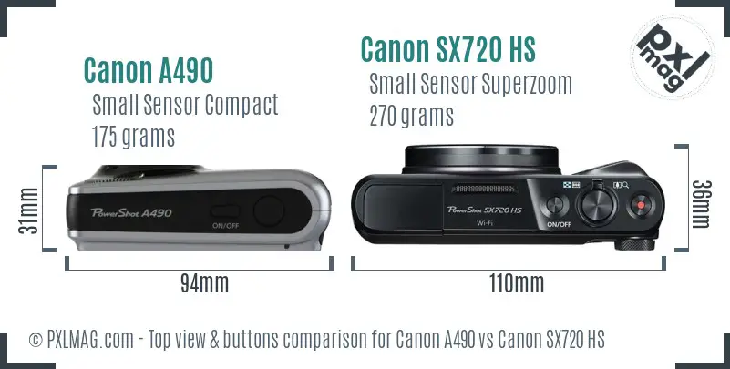 Canon A490 vs Canon SX720 HS top view buttons comparison