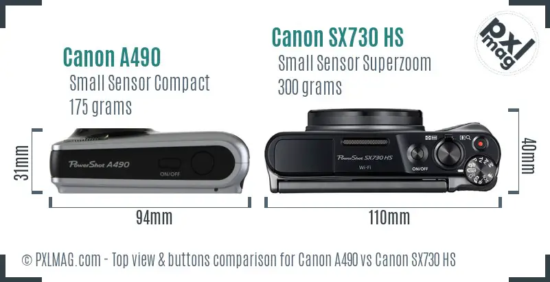 Canon A490 vs Canon SX730 HS top view buttons comparison Canon A490 vs Canon SX730 HS top view buttons comparison