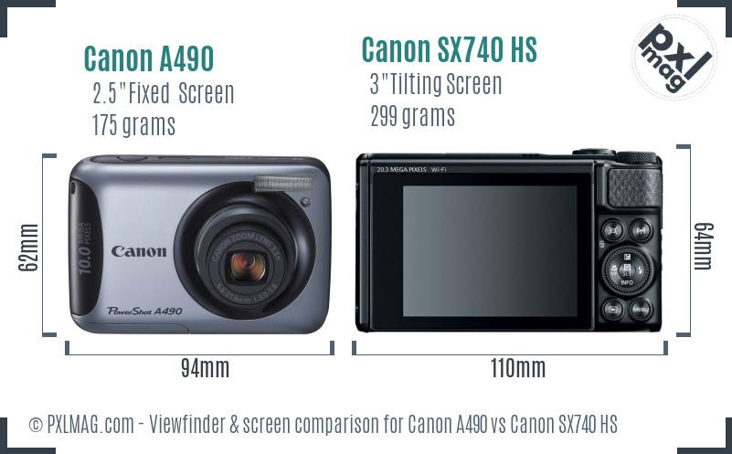 Canon A490 vs Canon SX740 HS Screen and Viewfinder comparison
