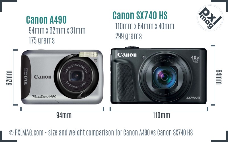 Canon A490 vs Canon SX740 HS size comparison