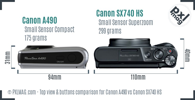 Canon A490 vs Canon SX740 HS top view buttons comparison