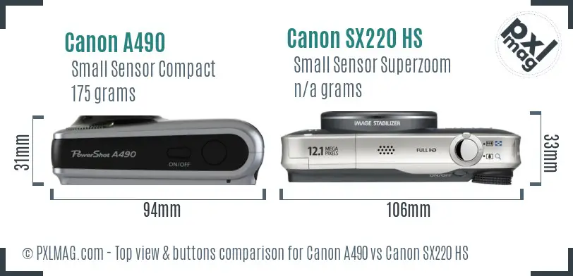 Canon A490 vs Canon SX220 HS top view buttons comparison