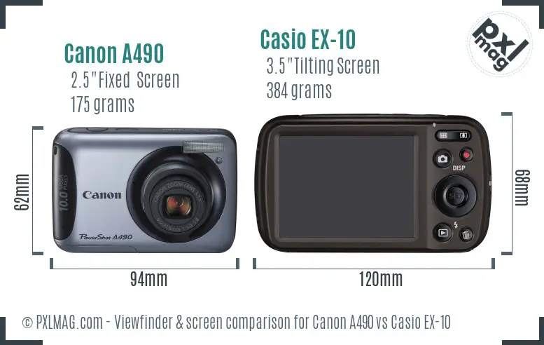 Canon A490 vs Casio EX-10 Screen and Viewfinder comparison