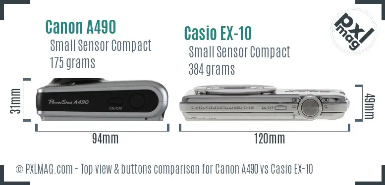 Canon A490 vs Casio EX-10 top view buttons comparison