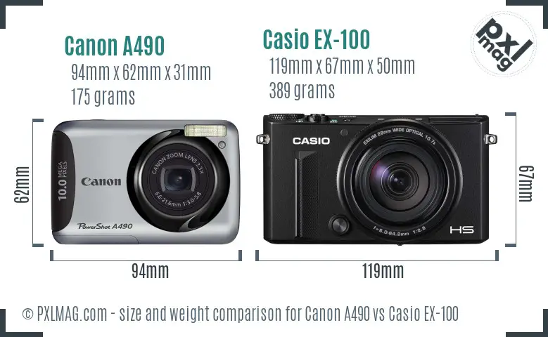 Canon A490 vs Casio EX-100 size comparison