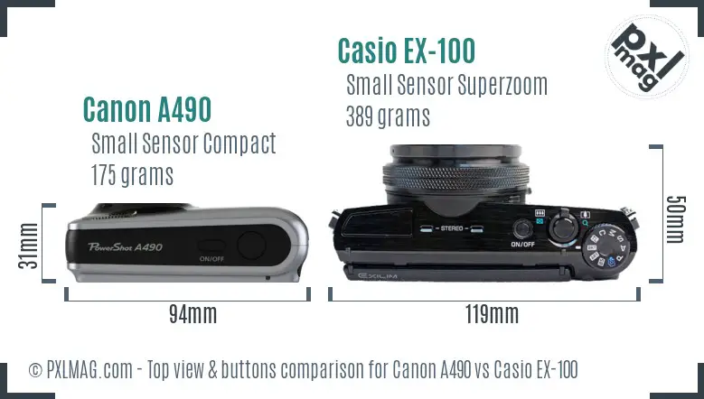 Canon A490 vs Casio EX-100 top view buttons comparison