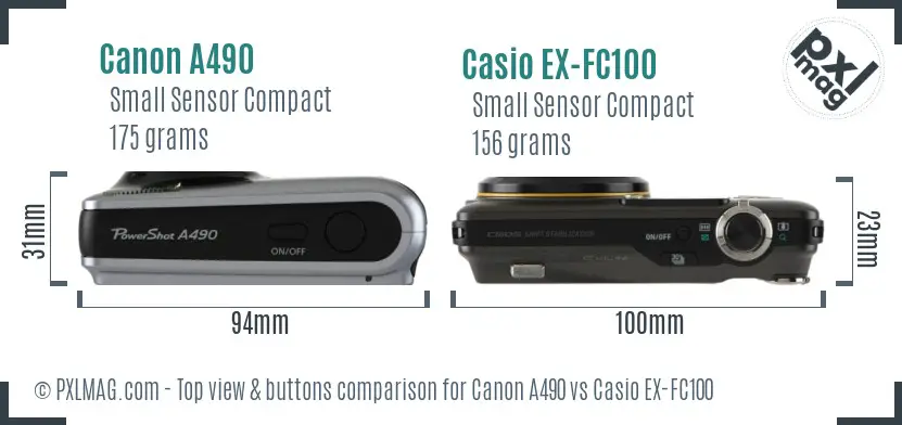 Canon A490 vs Casio EX-FC100 top view buttons comparison Canon A490 vs Casio EX-FC100 top view buttons comparison