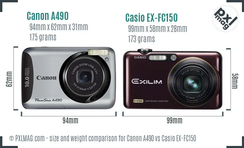Canon A490 vs Casio EX-FC150 size comparison