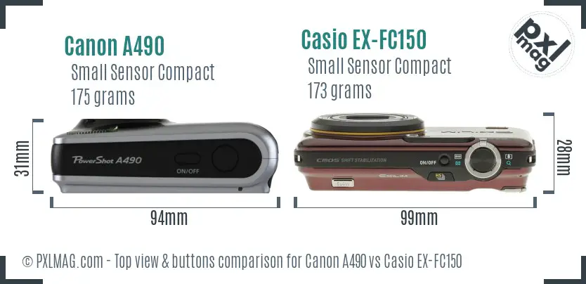 Canon A490 vs Casio EX-FC150 top view buttons comparison