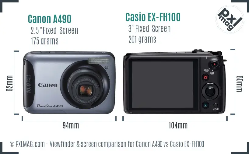 Canon A490 vs Casio EX-FH100 Screen and Viewfinder comparison