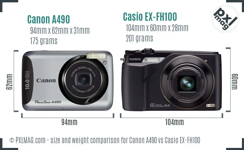 Canon A490 vs Casio EX-FH100 size comparison