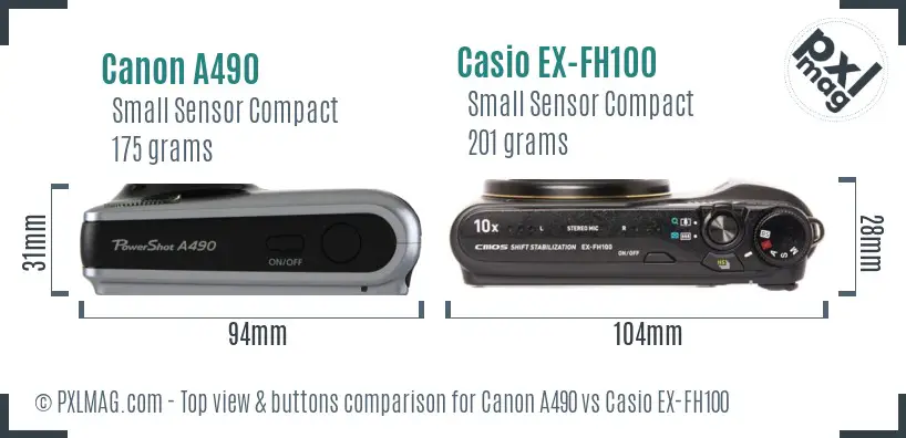 Canon A490 vs Casio EX-FH100 top view buttons comparison