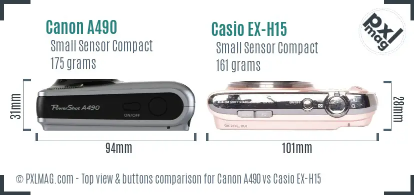 Canon A490 vs Casio EX-H15 top view buttons comparison Canon A490 vs Casio EX-H15 top view buttons comparison