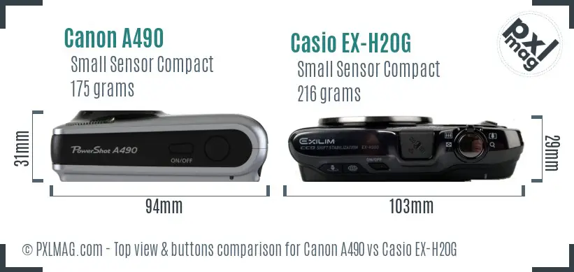 Canon A490 vs Casio EX-H20G top view buttons comparison Canon A490 vs Casio EX-H20G top view buttons comparison