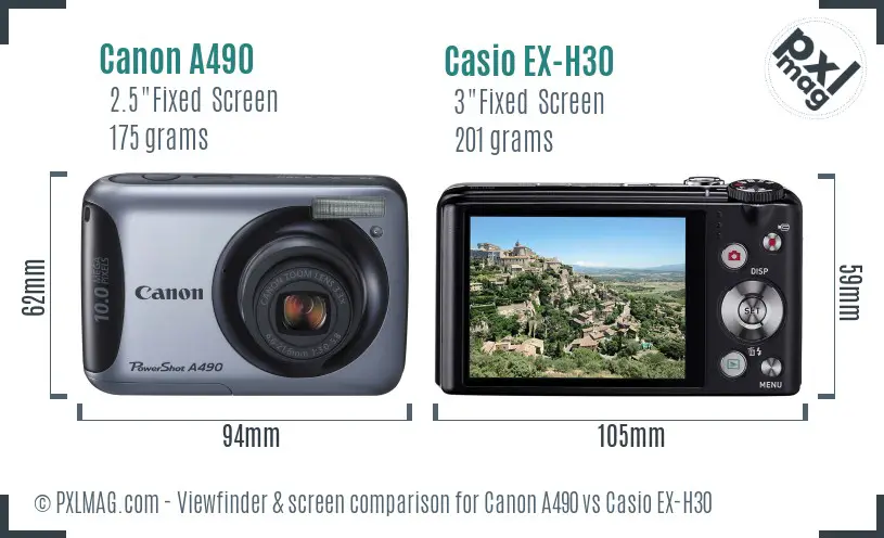 Canon A490 vs Casio EX-H30 Screen and Viewfinder comparison