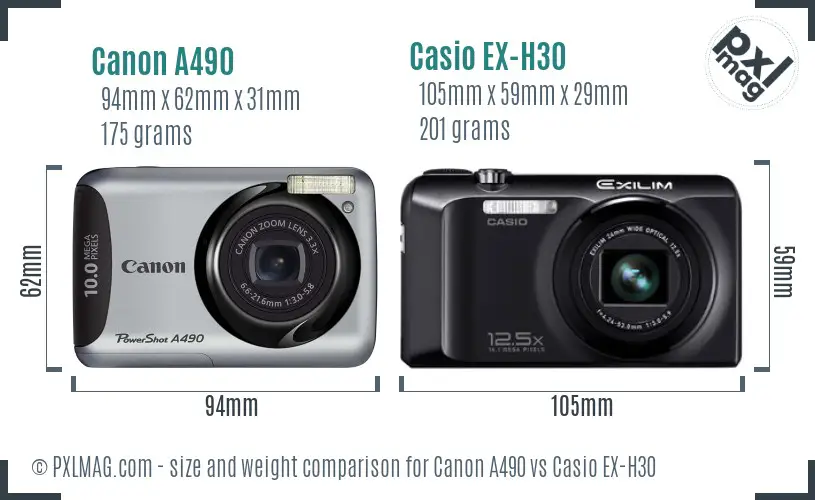 Canon A490 vs Casio EX-H30 size comparison