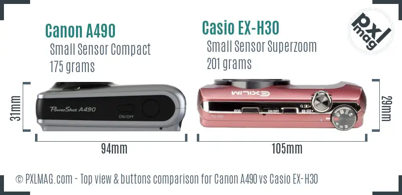 Canon A490 vs Casio EX-H30 top view buttons comparison