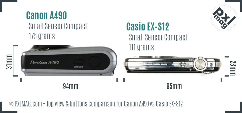 Canon A490 vs Casio EX-S12 top view buttons comparison