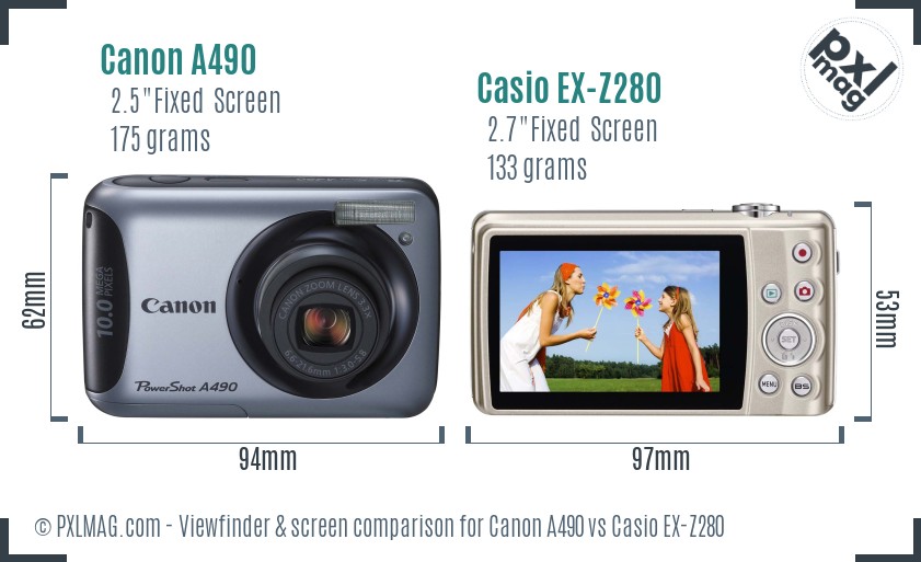 Canon A490 vs Casio EX-Z280 Screen and Viewfinder comparison