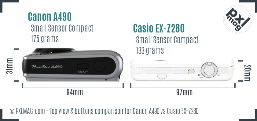 Canon A490 vs Casio EX-Z280 top view buttons comparison
