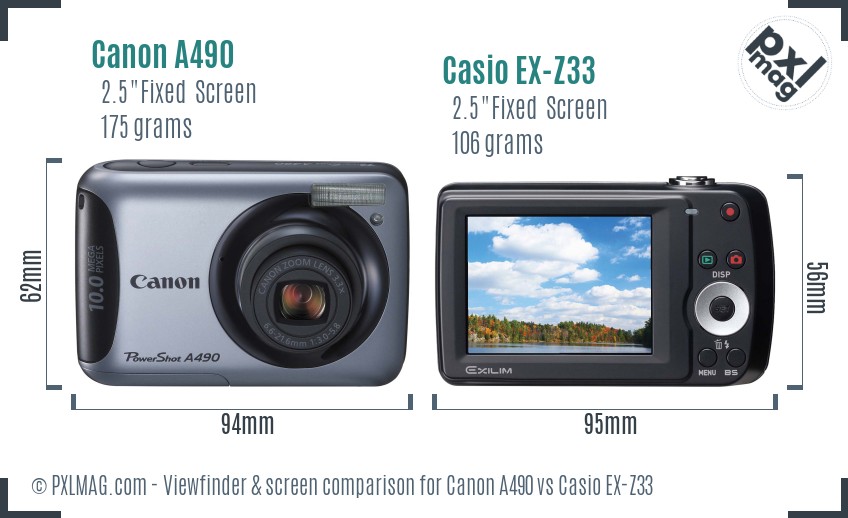 Canon A490 vs Casio EX-Z33 Screen and Viewfinder comparison
