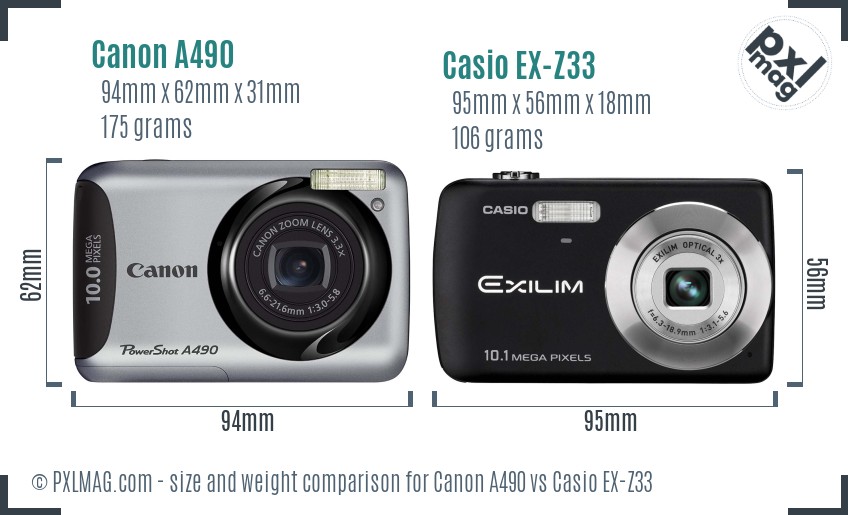 Canon A490 vs Casio EX-Z33 size comparison Canon A490 vs Casio EX-Z33 size comparison