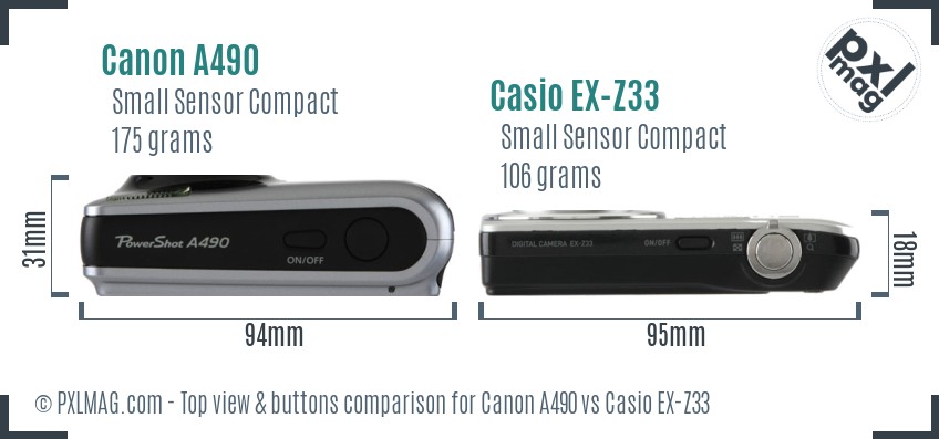 Canon A490 vs Casio EX-Z33 top view buttons comparison