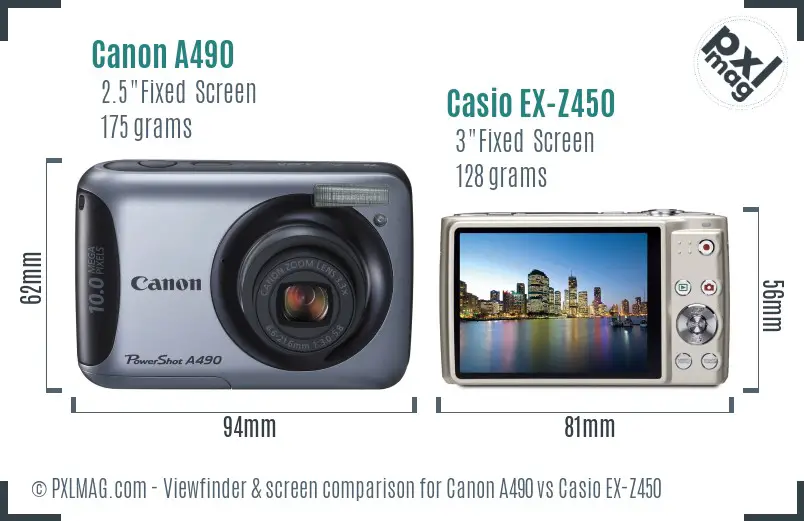 Canon A490 vs Casio EX-Z450 Screen and Viewfinder comparison
